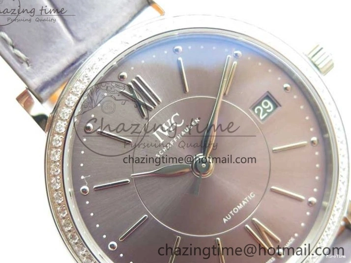 MIROTIME 0510 Attractive Portofino 37mm SS V7F 1:1 Best Edition Gray Dial Diamonds Bezel on Gray Leather Strap A 7091